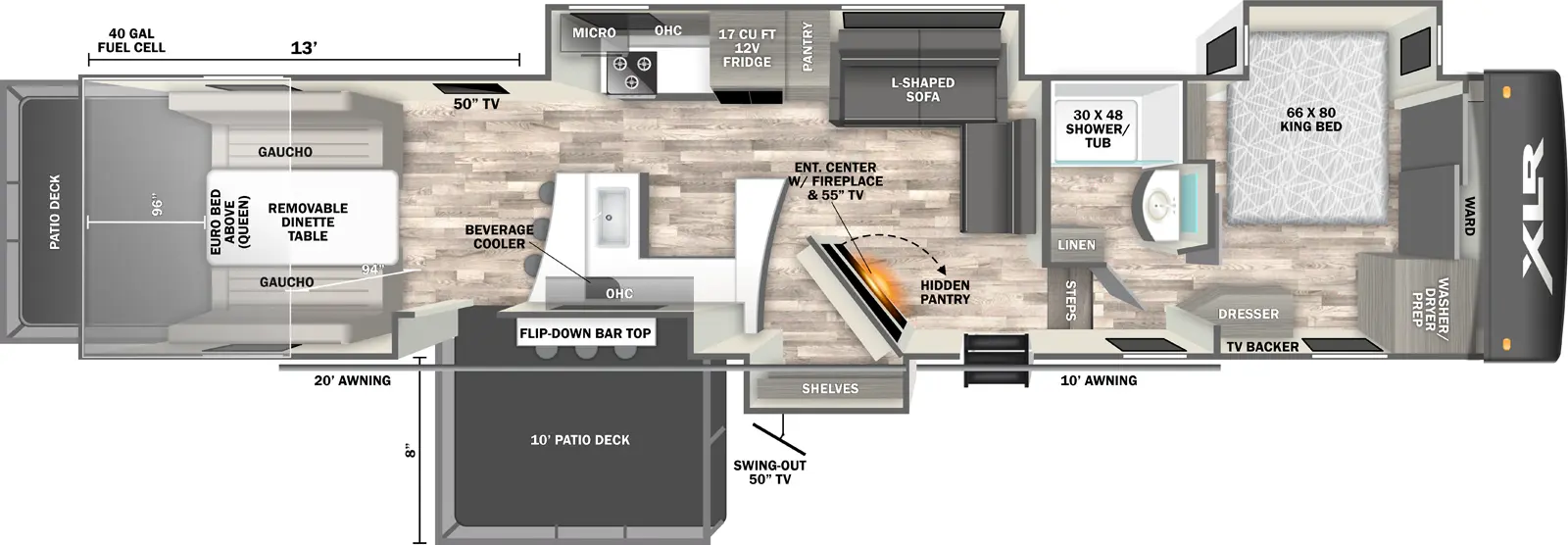 The XLR Nitro 40BAR13 floorplan is a toy hauler that has one entry and three slide outs. Exterior features include: fiberglass exterior and 20' & 10' awning. Interiors features include: front bedroom.